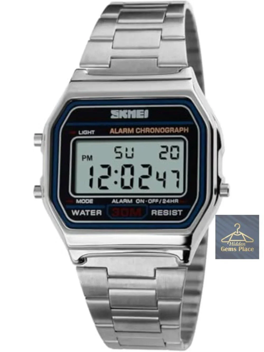 Men's Digital Wrist Watch Stainless Steel Band 30M Water Resistant Square LED
